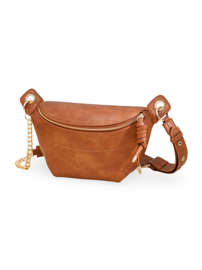 Sac banane femme rétro, simili vegan, bandoulière chaîne, compact et pratique, idéal pour le quotidien, modèle Tonyah - Sacoche - Marron