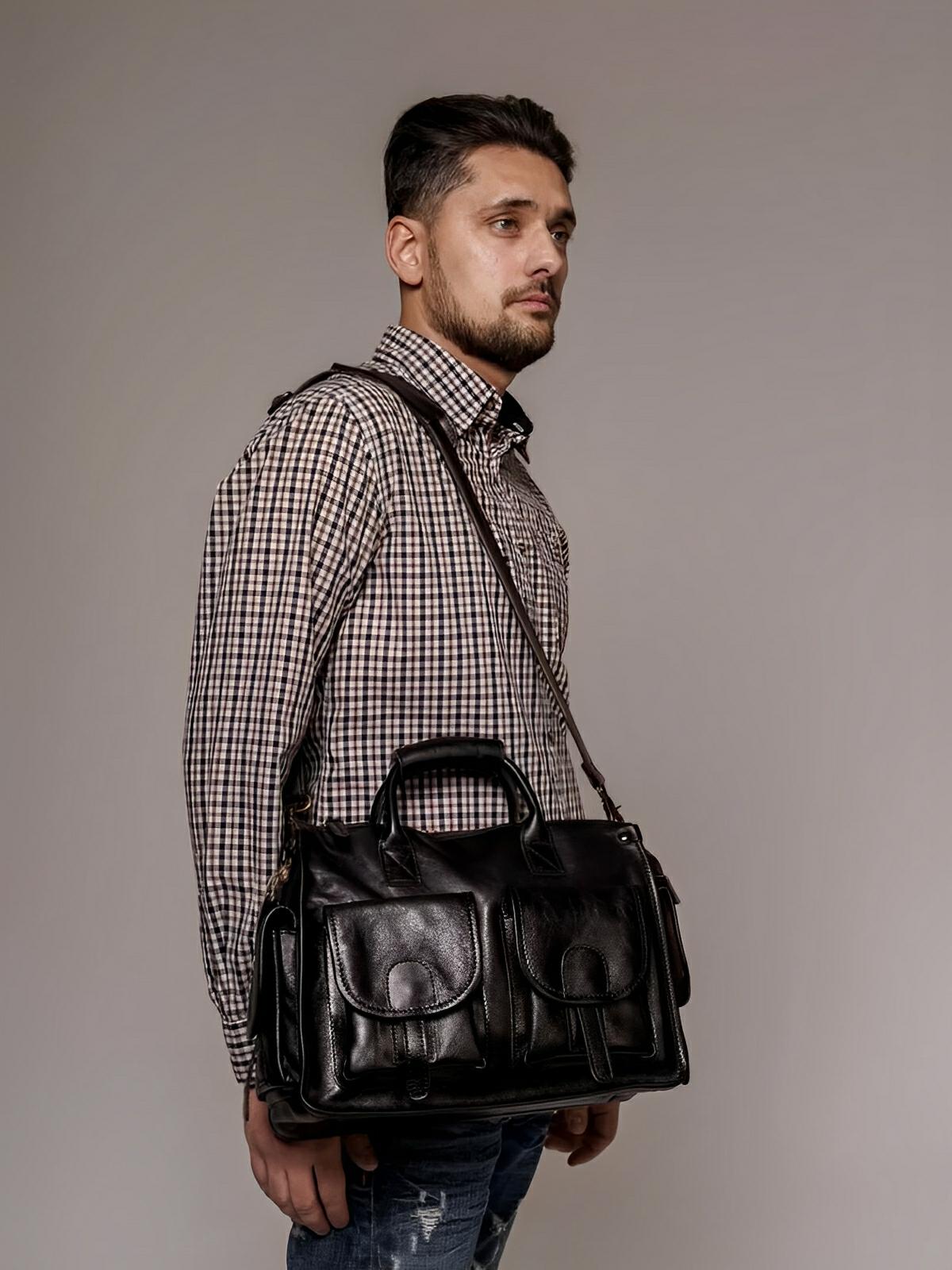 Sac bandoulière cuir, à inspiration postal vintage, modèle Tristan - Sac Bandoulière - Noir