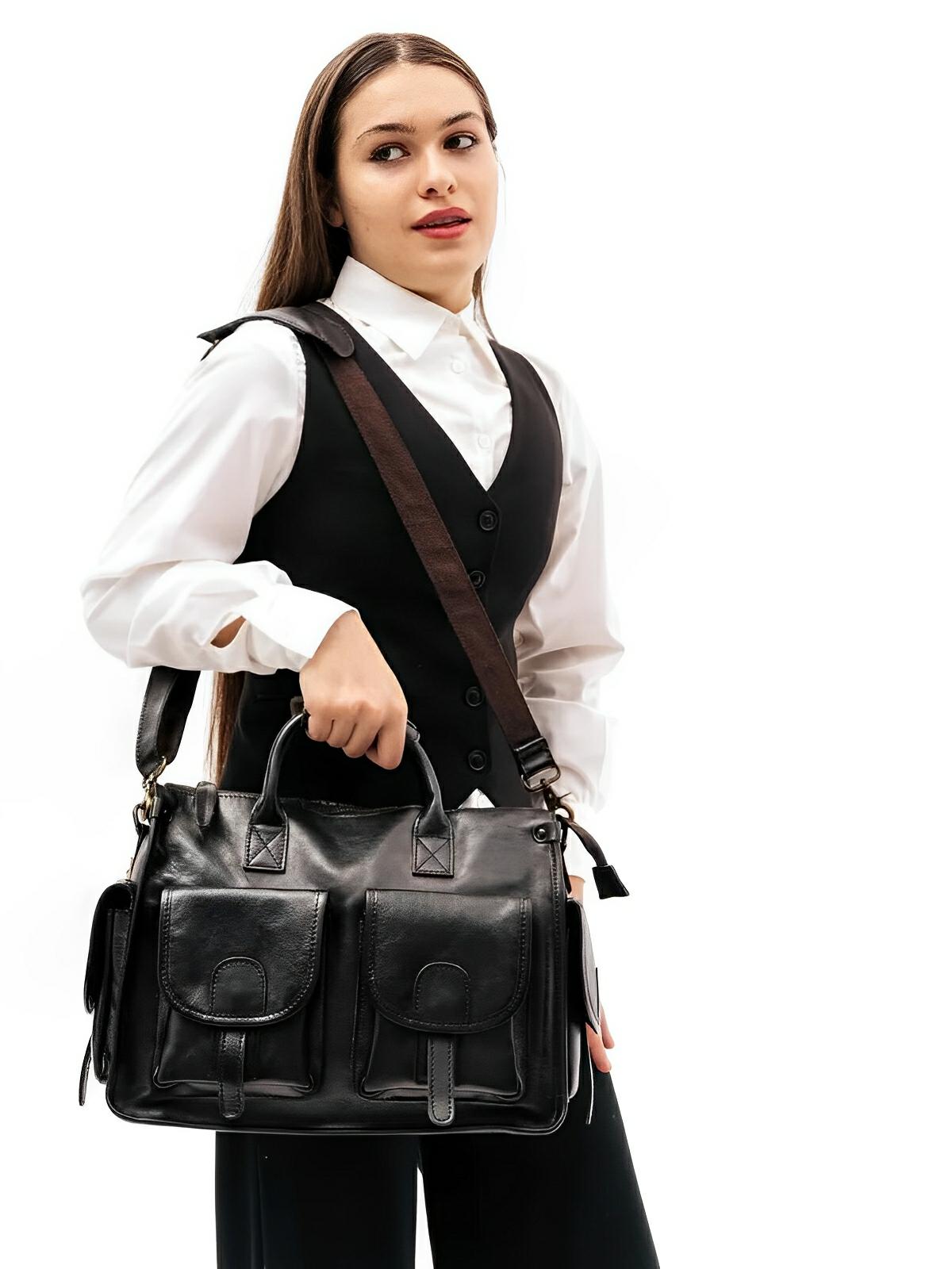 Sac bandoulière cuir, à inspiration postal vintage, modèle Tristan - Sac Bandoulière - Noir