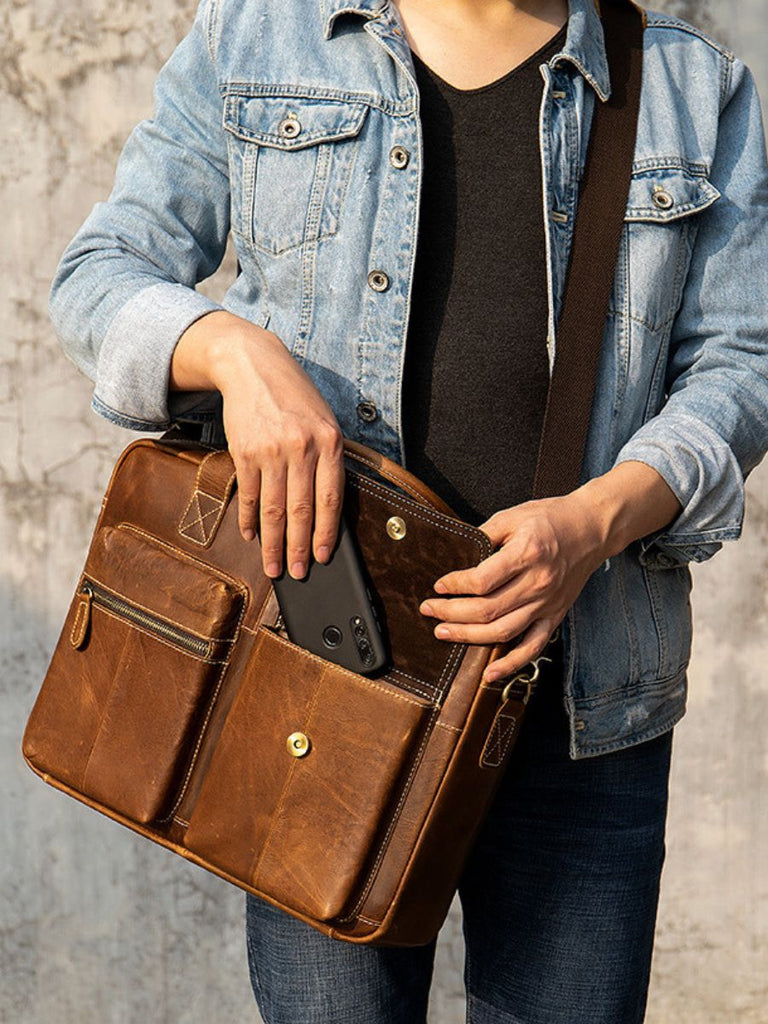 Sac bandoulière en cuir, à grande capacité et au style ancien, modèle Hadelin - Sac Bandoulière - Marron