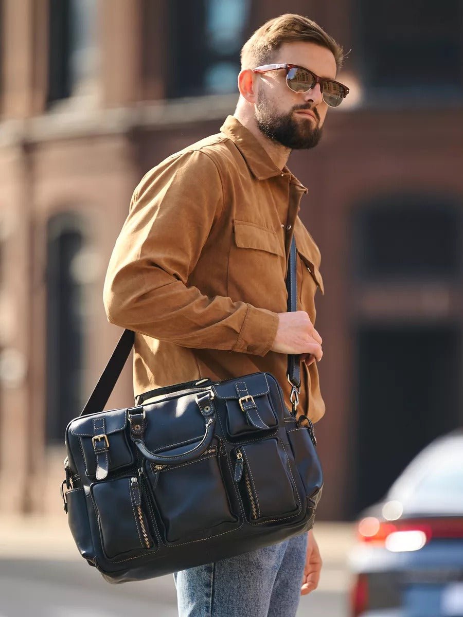 Sac bandoulière en cuir, grande taille, multi - poches, modèle Gaspard - Sac Bandoulière - Noir