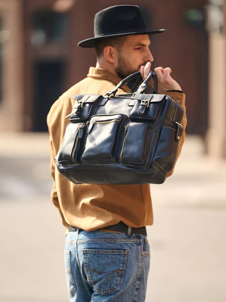 Sac bandoulière en cuir, grande taille, multi - poches, modèle Gaspard - Sac Bandoulière - Noir