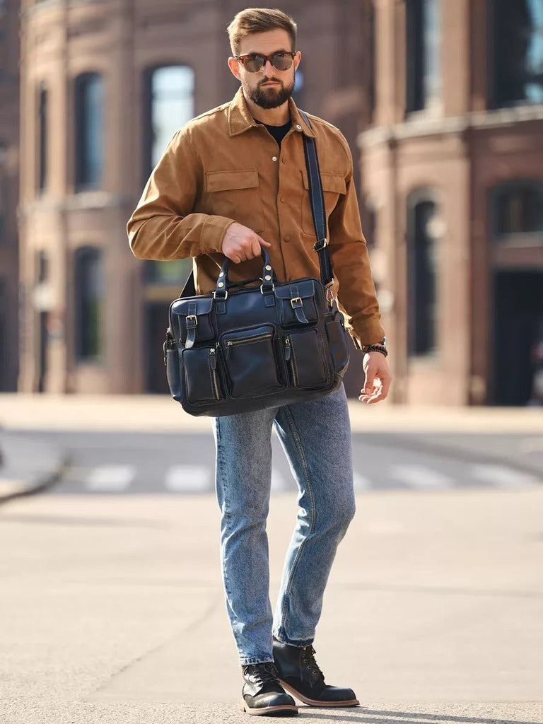 Sac bandoulière en cuir, grande taille, multi - poches, modèle Gaspard - Sac Bandoulière - Noir