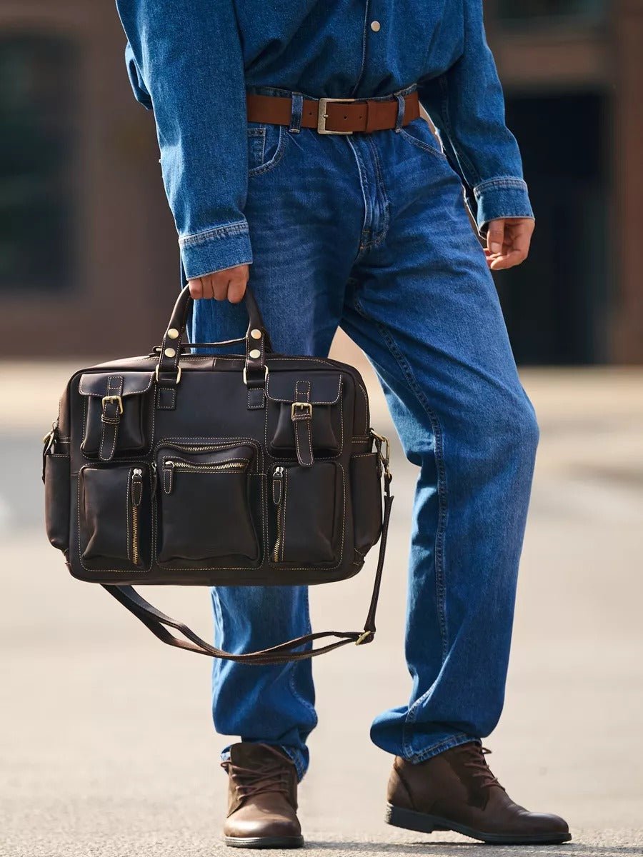 Sac bandoulière en cuir, grande taille, multi - poches, modèle Gaspard - Sac Bandoulière - Café