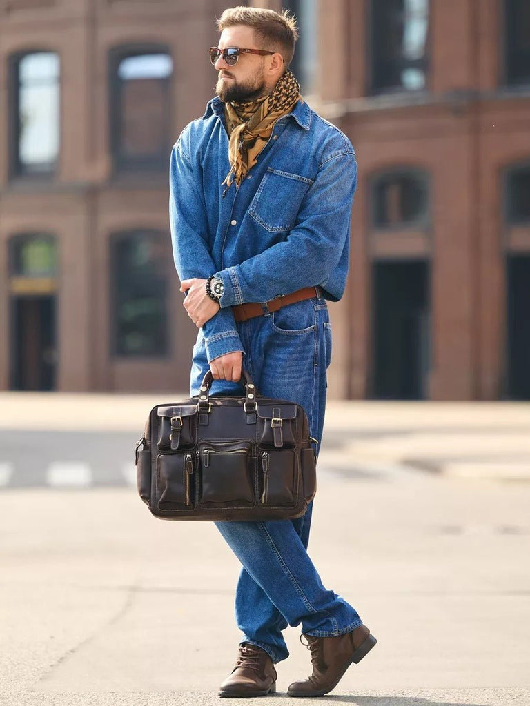 Sac bandoulière en cuir, grande taille, multi - poches, modèle Gaspard - Sac Bandoulière - Café