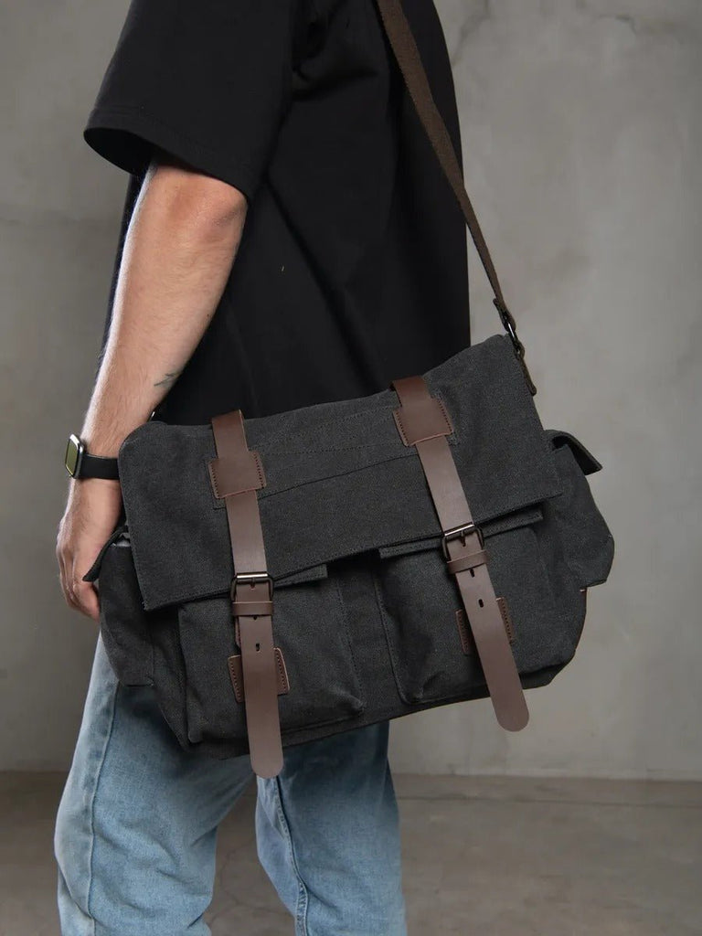 Sac bandoulière en toile et simili vegan, réglable, à usage quotidien, modèle Pascalin - Sac Bandoulière - Noir