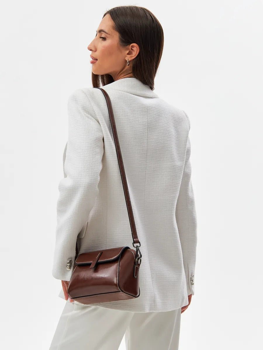 Sac bandoulière femme cuir, petit sac rigide, format rectangulaire, compartiments multiples, modèle Azeline - Sac à main - Marron