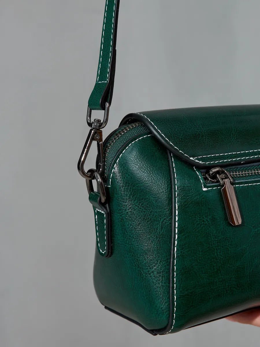 Sac bandoulière femme cuir, petit sac rigide, format rectangulaire, compartiments multiples, modèle Azeline - Sac à main - Vert