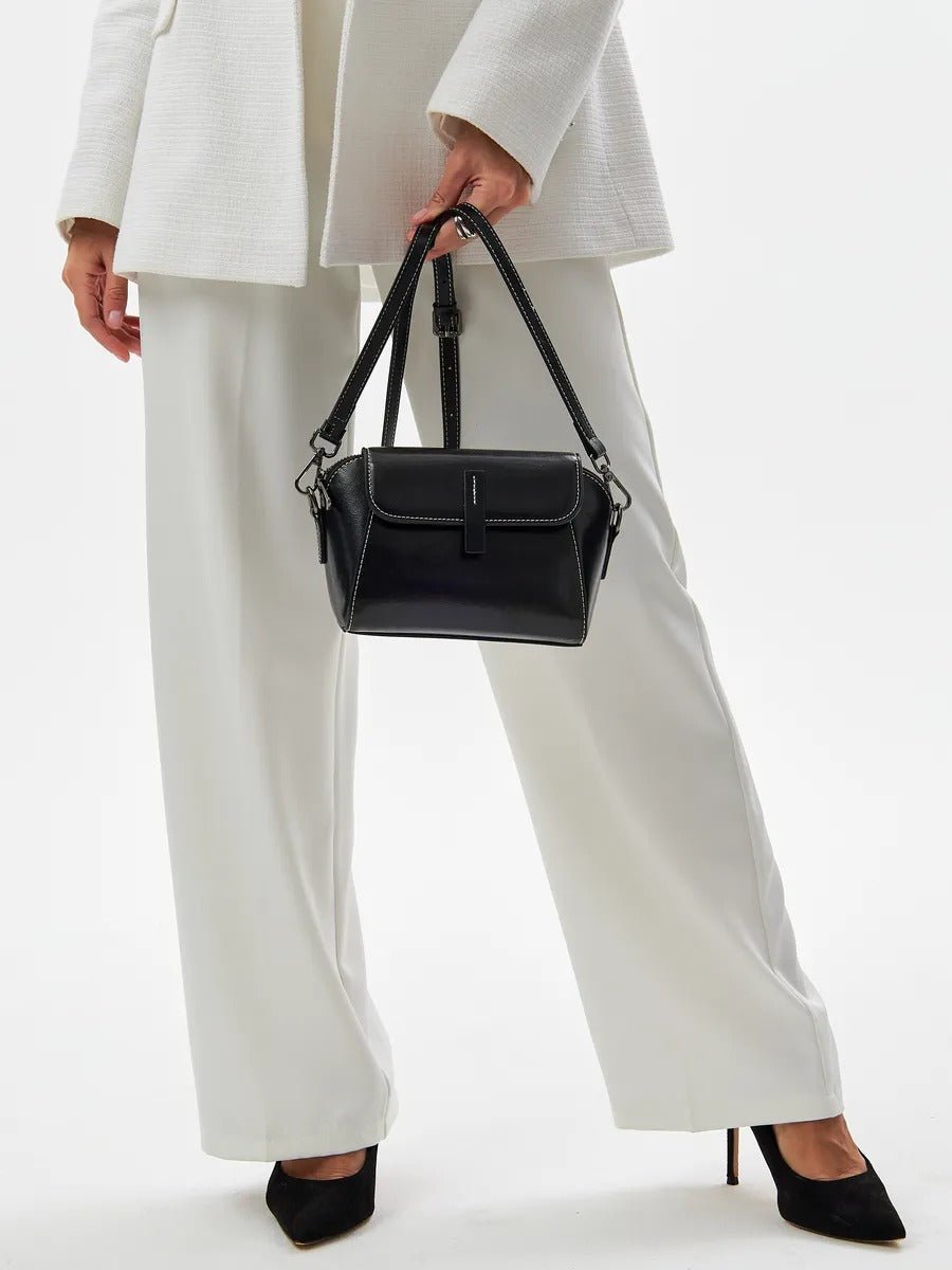 Sac bandoulière femme cuir, petit sac rigide, format rectangulaire, compartiments multiples, modèle Azeline - Sac à main - Noir