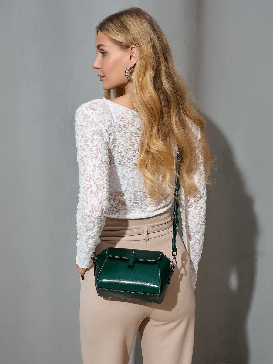 Sac bandoulière femme cuir, petit sac rigide, format rectangulaire, compartiments multiples, modèle Azeline - Sac à main - Vert
