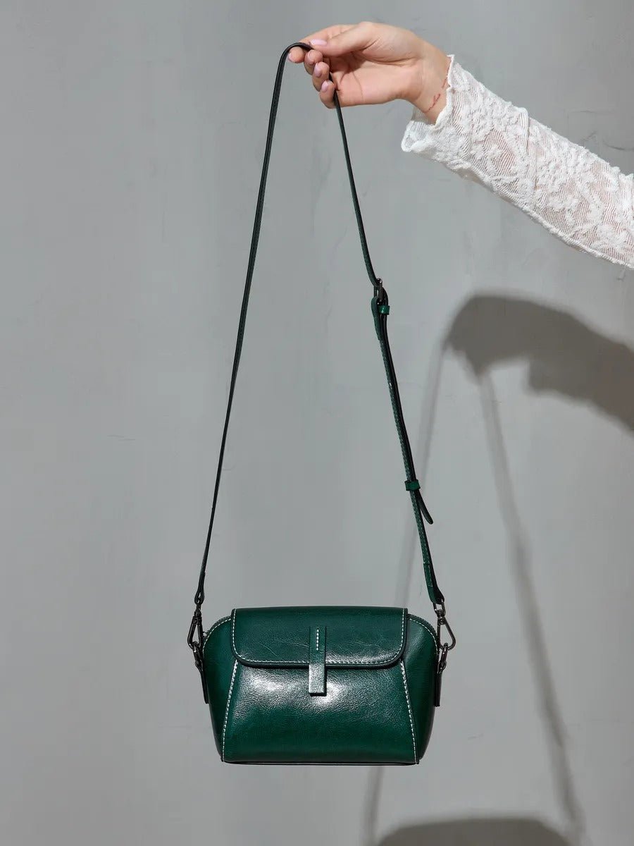 Sac bandoulière femme cuir, petit sac rigide, format rectangulaire, compartiments multiples, modèle Azeline - Sac à main - Vert