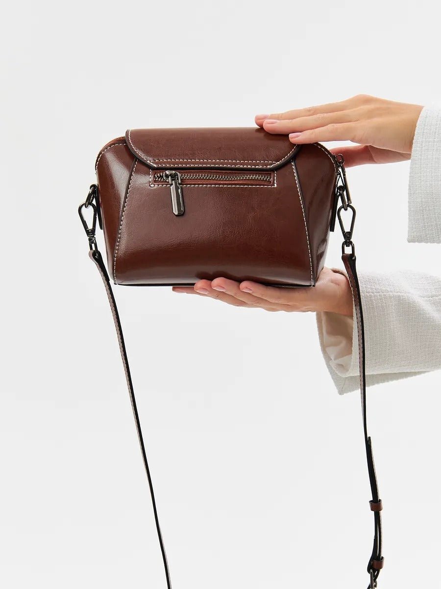 Sac bandoulière femme cuir, petit sac rigide, format rectangulaire, compartiments multiples, modèle Azeline - Sac à main - Marron