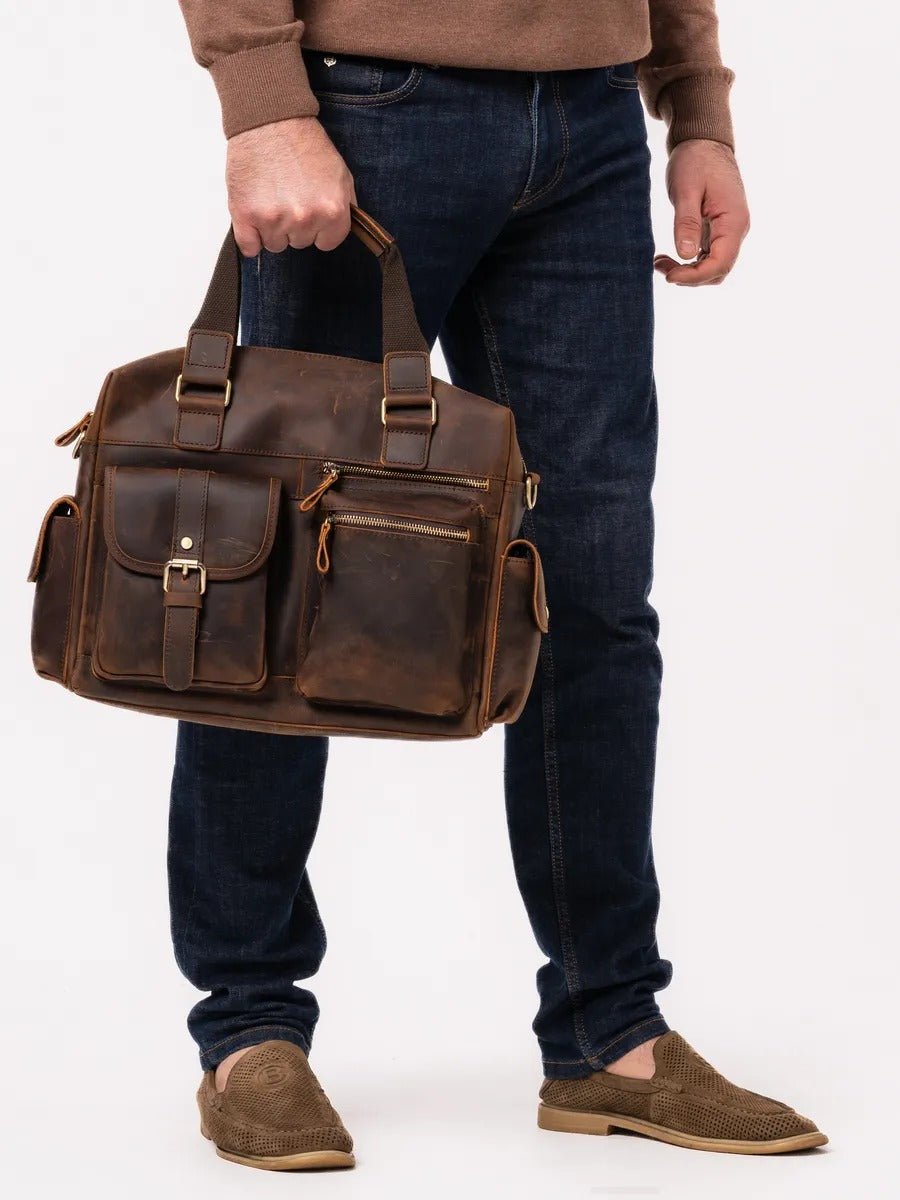 Sac bandoulière pour homme, en cuir véritable à grande capacité, style vintage, modèle Pélage - Sac Bandoulière - Café