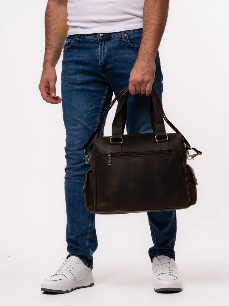 Sac bandoulière pour homme, en cuir véritable à grande capacité, style vintage, modèle Pélage - Sac Bandoulière - Café