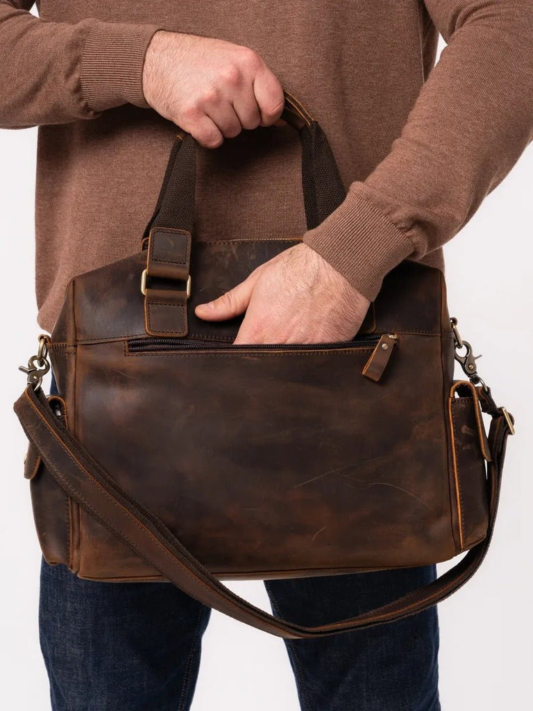 Sac bandoulière pour homme, en cuir véritable à grande capacité, style vintage, modèle Pélage - Sac Bandoulière - Café