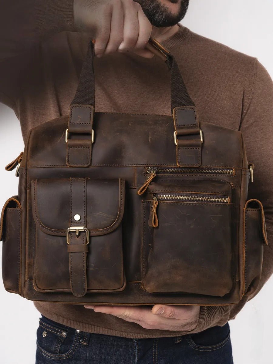 Sac bandoulière pour homme, en cuir véritable à grande capacité, style vintage, modèle Pélage - Sac Bandoulière - Café