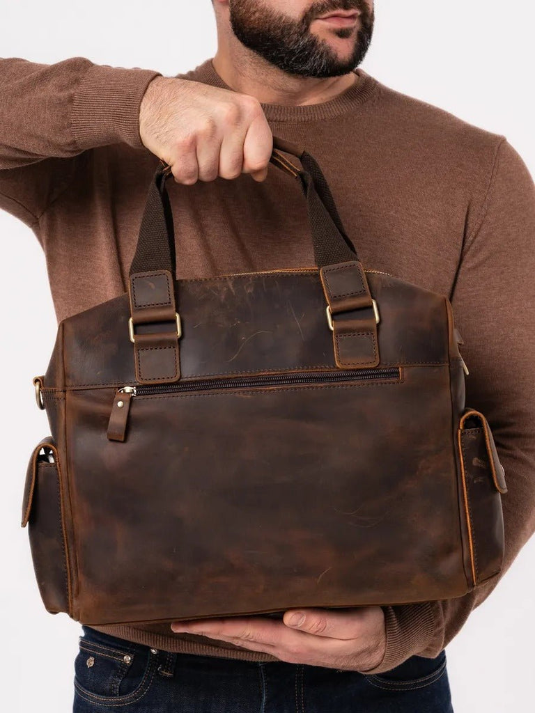 Sac bandoulière pour homme, en cuir véritable à grande capacité, style vintage, modèle Pélage - Sac Bandoulière - Café