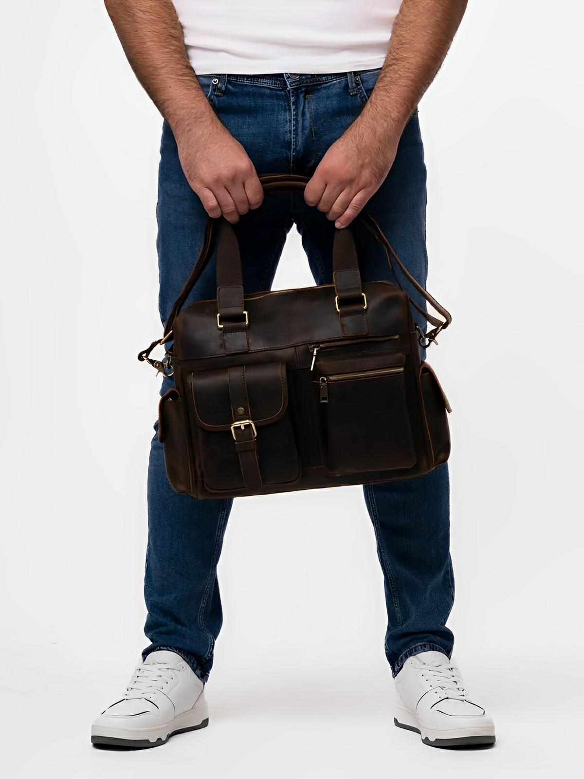 Sac bandoulière pour homme, en cuir véritable à grande capacité, style vintage, modèle Pélage - Sac Bandoulière - Café
