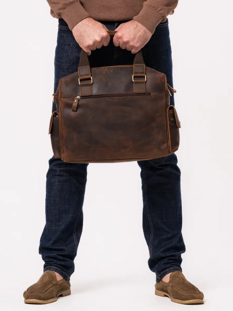 Sac bandoulière pour homme, en cuir véritable à grande capacité, style vintage, modèle Pélage - Sac Bandoulière - Café