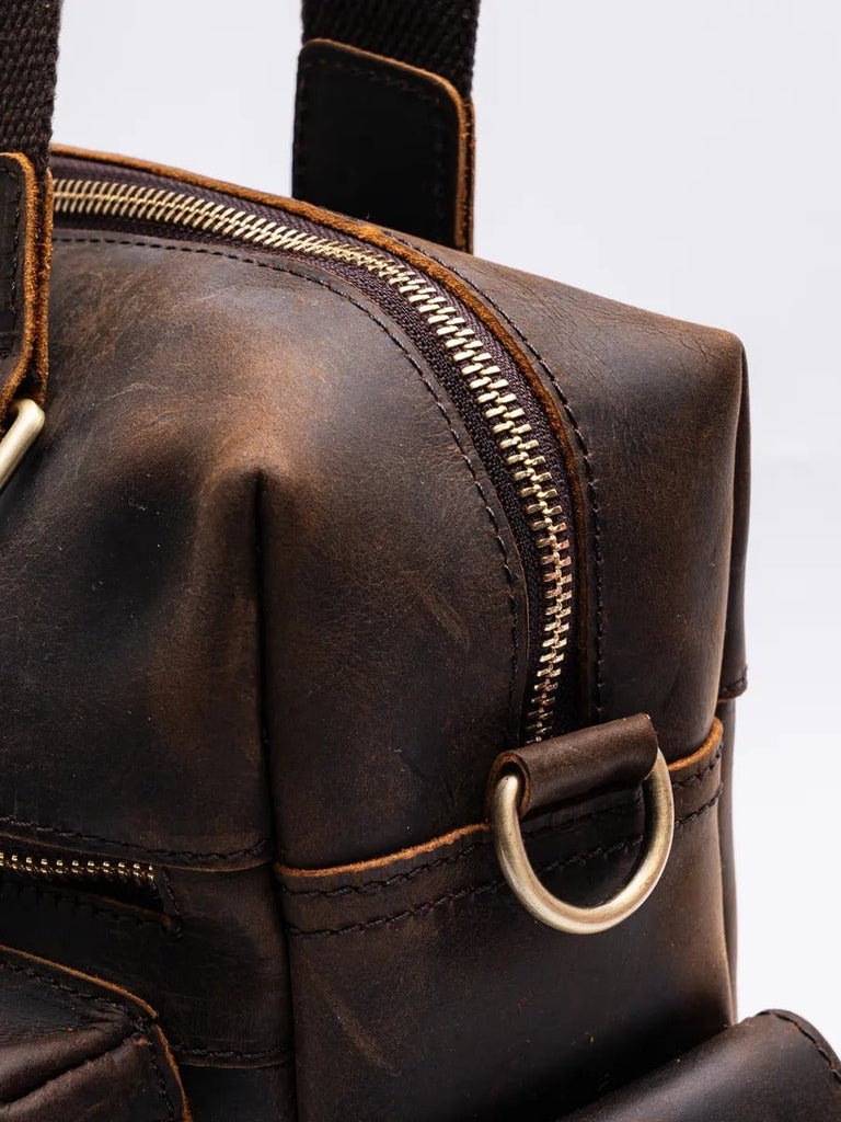 Sac bandoulière pour homme, en cuir véritable à grande capacité, style vintage, modèle Pélage - Sac Bandoulière - Café