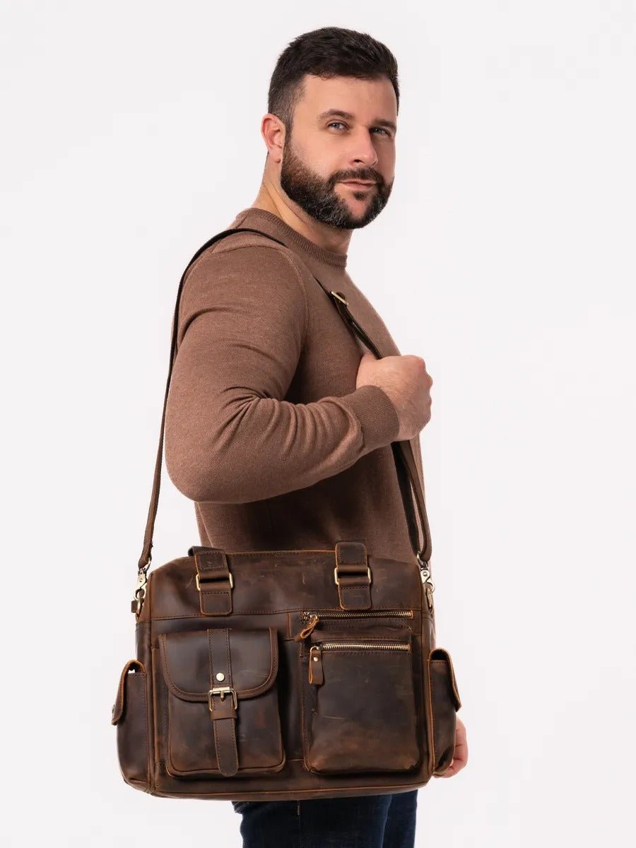 Sac bandoulière pour homme, en cuir véritable à grande capacité, style vintage, modèle Pélage - Sac Bandoulière - Café