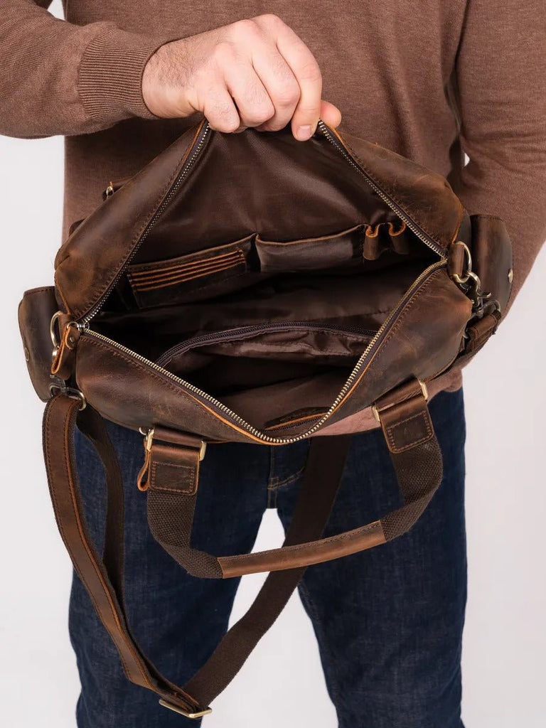 Sac bandoulière pour homme, en cuir véritable à grande capacité, style vintage, modèle Pélage - Sac Bandoulière - Café