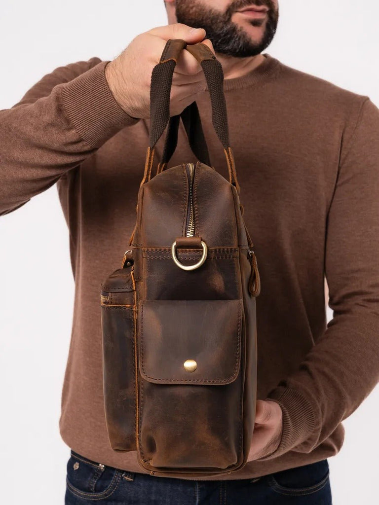 Sac bandoulière pour homme, en cuir véritable à grande capacité, style vintage, modèle Pélage - Sac Bandoulière - Café