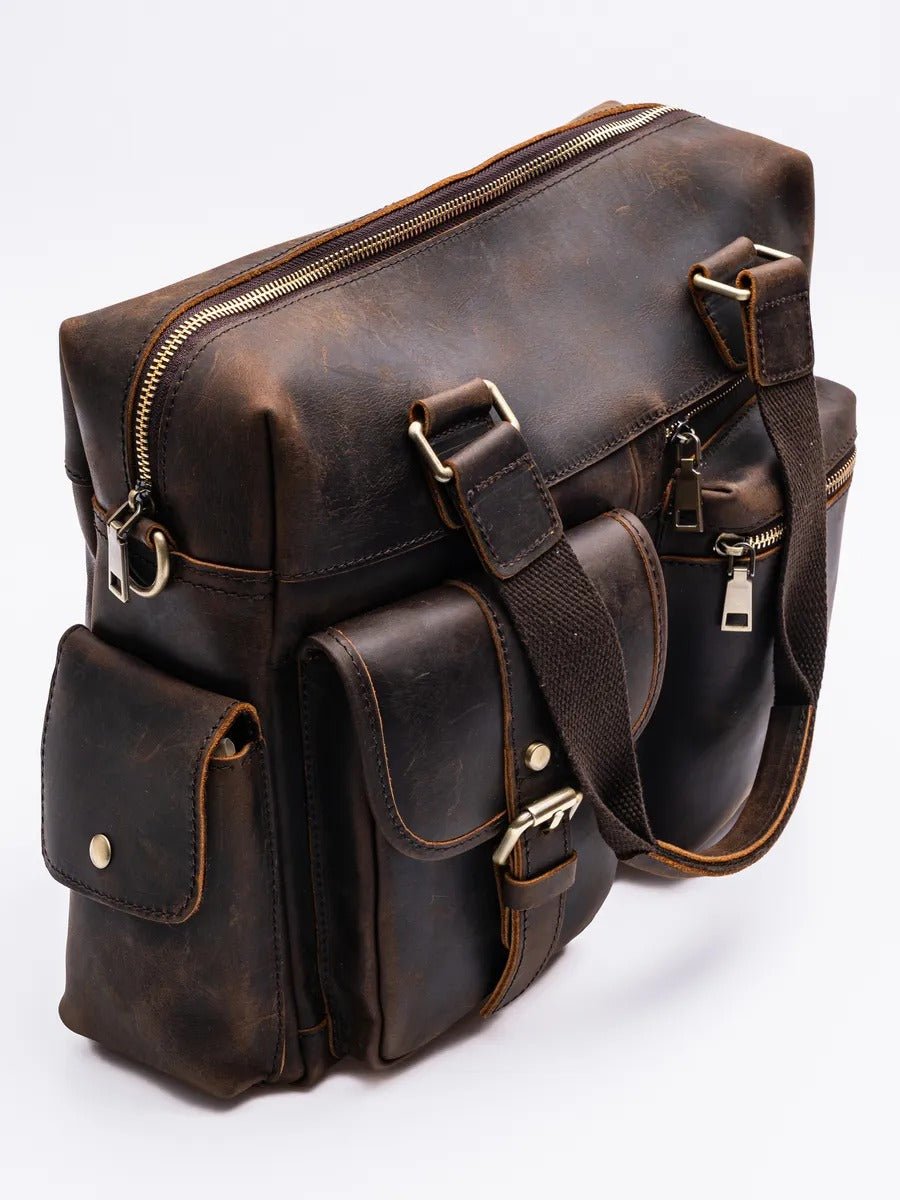 Sac bandoulière pour homme, en cuir véritable à grande capacité, style vintage, modèle Pélage - Sac Bandoulière - Café