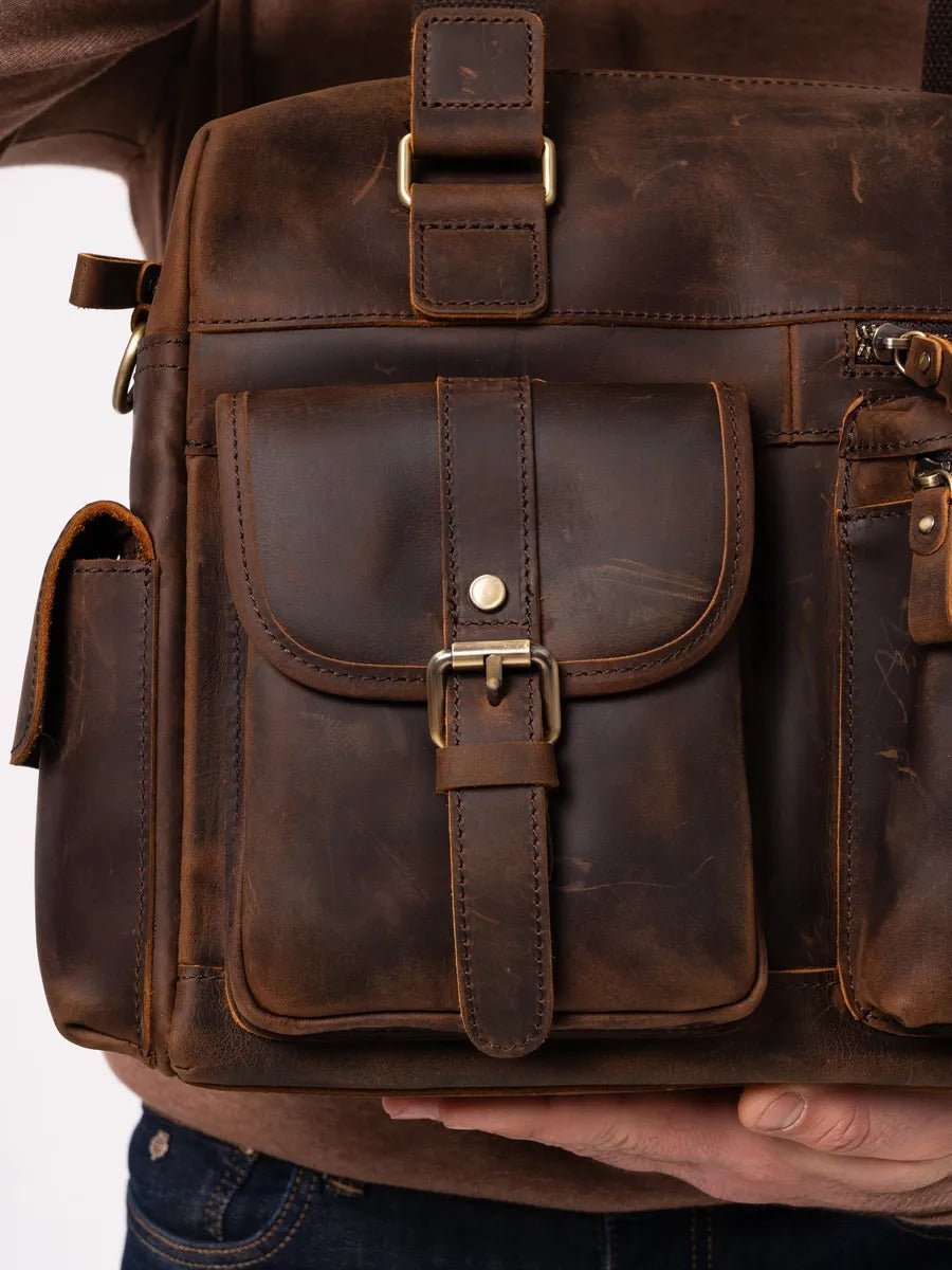 Sac bandoulière pour homme, en cuir véritable à grande capacité, style vintage, modèle Pélage - Sac Bandoulière - Café