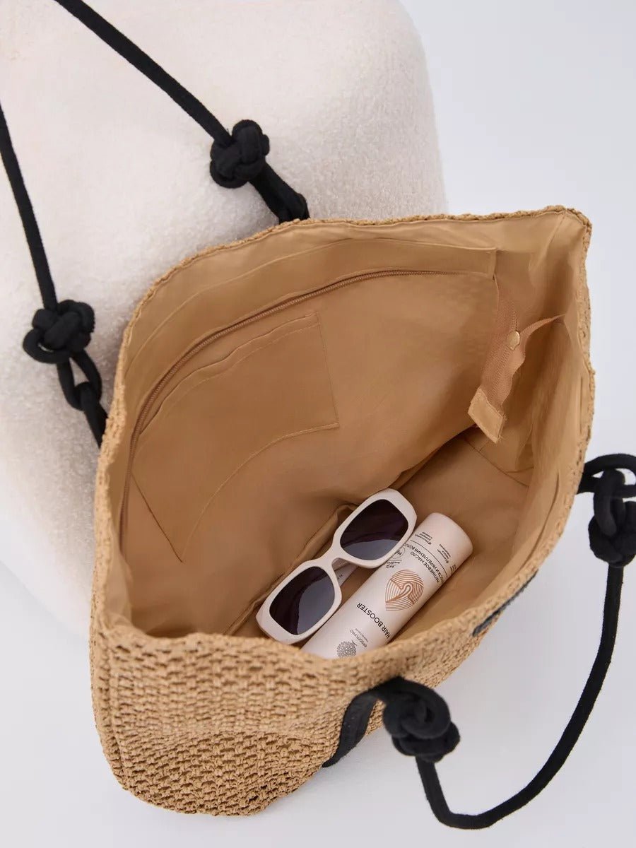 Sac cabas de plage, femme, panier tressé raphia, sac d'été léger, idéal pour vacances, style bohème, modèle Louanne - Sac de plage - Camel