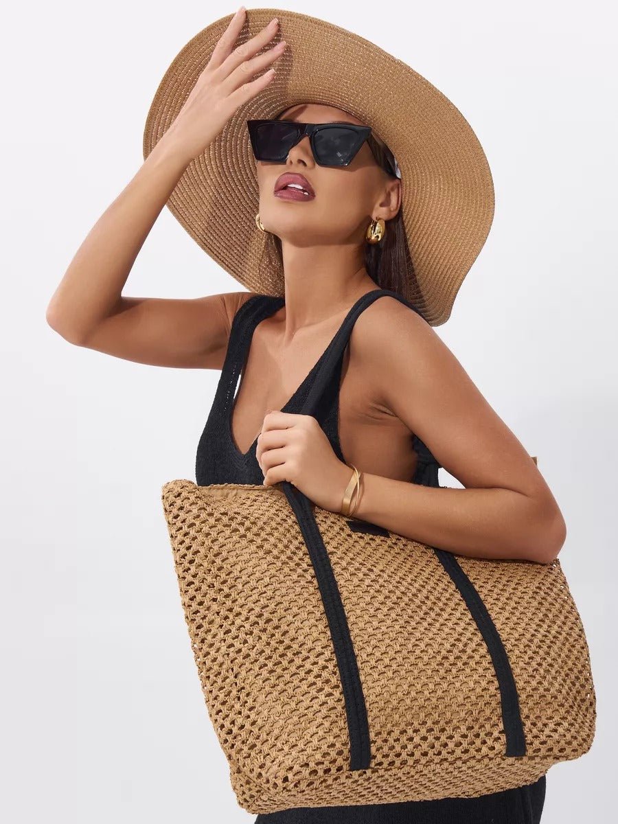 Sac cabas de plage, femme, panier tressé raphia, sac d'été léger, idéal pour vacances, style bohème, modèle Louanne - Sac de plage - Camel