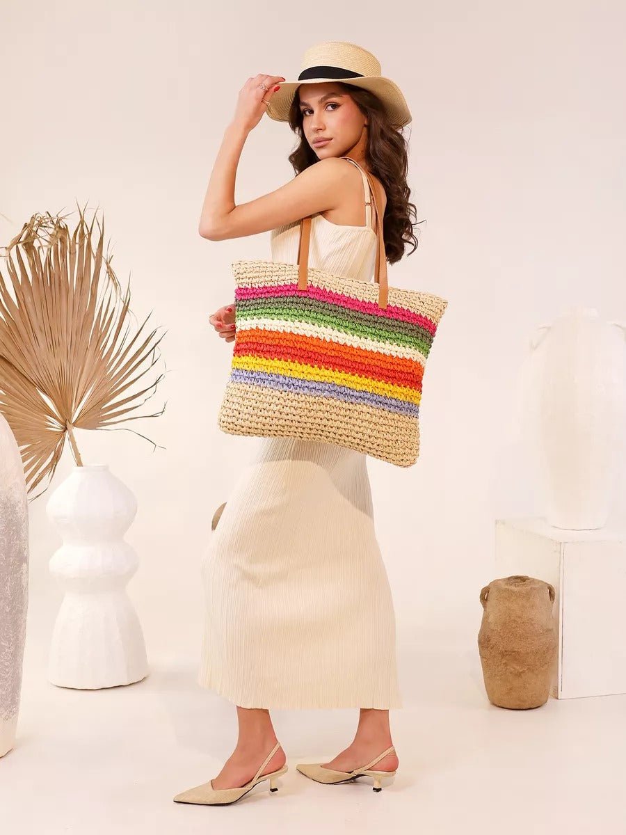 Sac de plage cabas en raphia, multicolore, rayé, anses longues, style tote bag, grand format, modèle Leila - Sac de plage - Multicolore