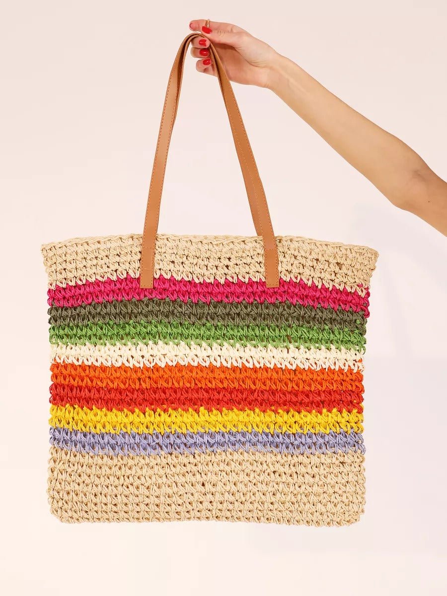 Sac de plage cabas en raphia, multicolore, rayé, anses longues, style tote bag, grand format, modèle Leila - Sac de plage - Multicolore