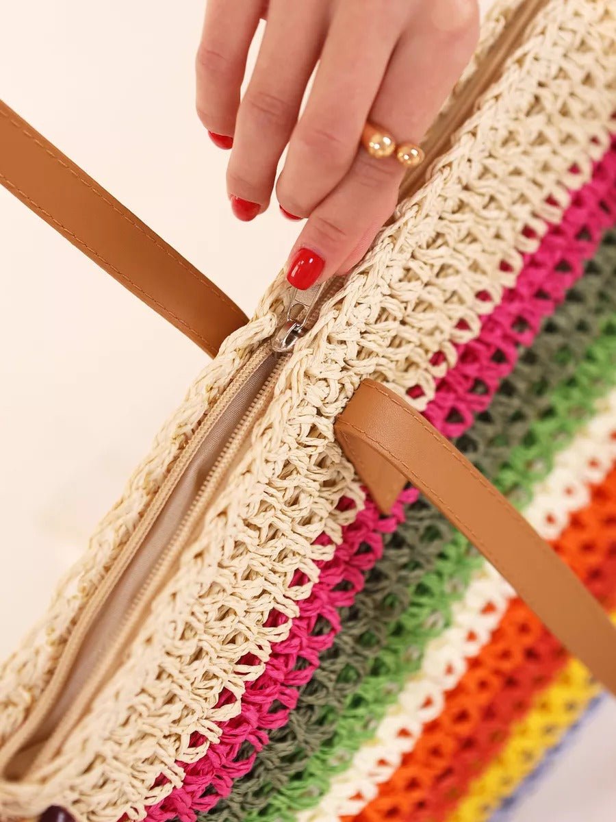 Sac de plage cabas en raphia, multicolore, rayé, anses longues, style tote bag, grand format, modèle Leila - Sac de plage - Multicolore