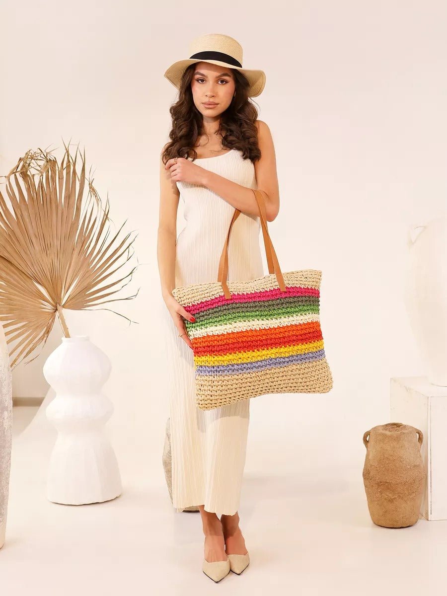 Sac de plage cabas en raphia, multicolore, rayé, anses longues, style tote bag, grand format, modèle Leila - Sac de plage - Multicolore