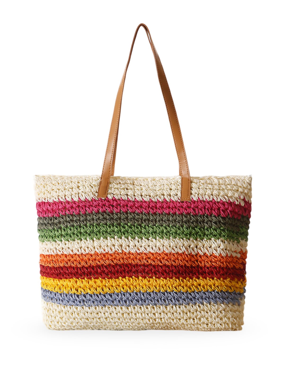Sac de plage cabas en raphia, multicolore, rayé, anses longues, style tote bag, grand format, modèle Leila - Sac de plage - Multicolore