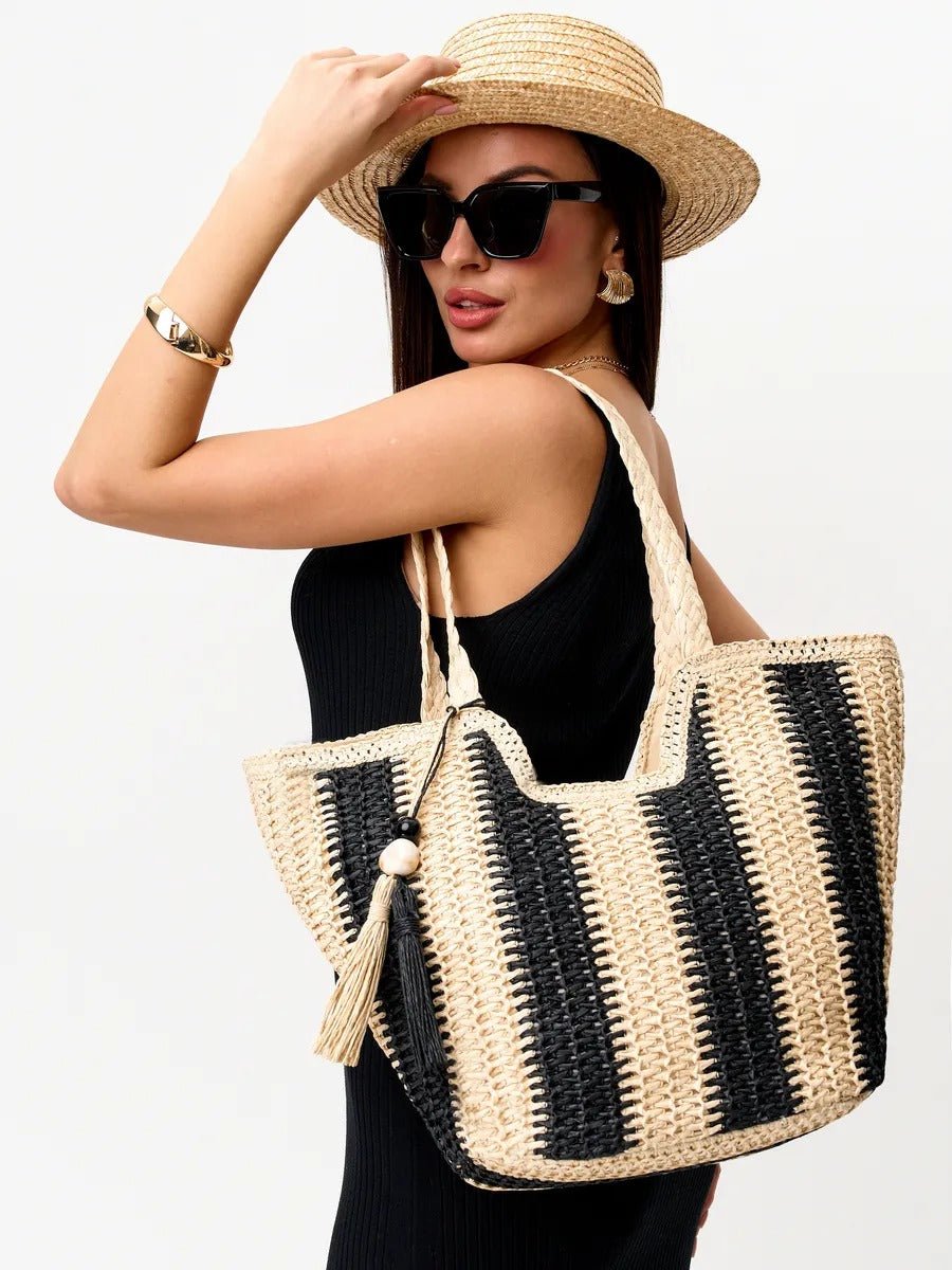 Sac de plage cabas en raphia, tote bag rayé, tressé à la main, anse souple, grand format, fermeture zippée, modèle Zoé - Sac de plage - Noir