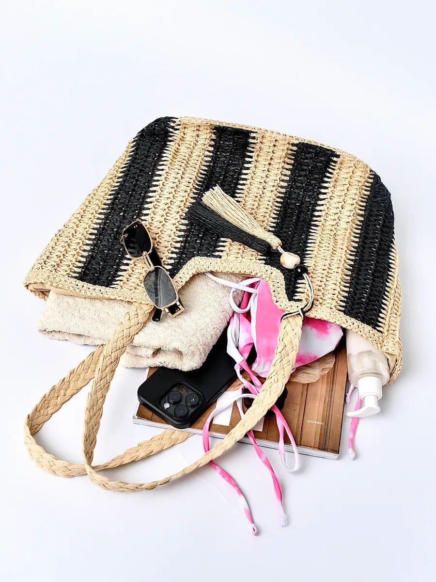 Sac de plage cabas en raphia, tote bag rayé, tressé à la main, anse souple, grand format, fermeture zippée, modèle Zoé - Sac de plage - Noir