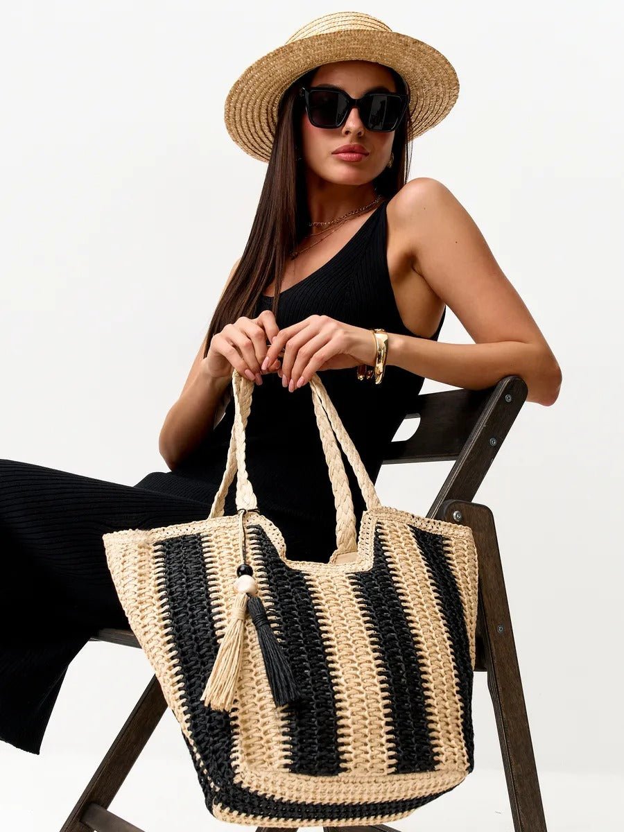 Sac de plage cabas en raphia, tote bag rayé, tressé à la main, anse souple, grand format, fermeture zippée, modèle Zoé - Sac de plage - Noir