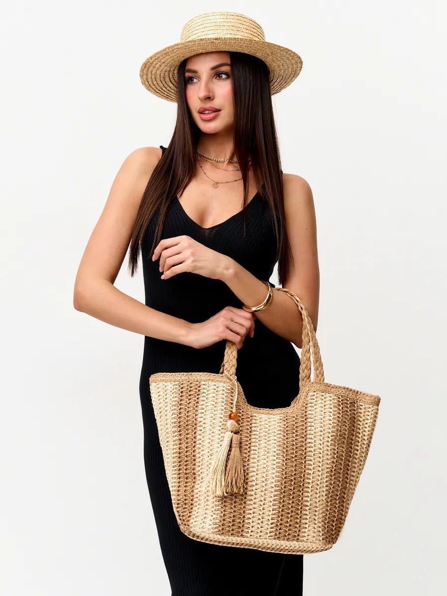 Sac de plage cabas en raphia, tote bag rayé, tressé à la main, anse souple, grand format, fermeture zippée, modèle Zoé - Sac de plage - Beige