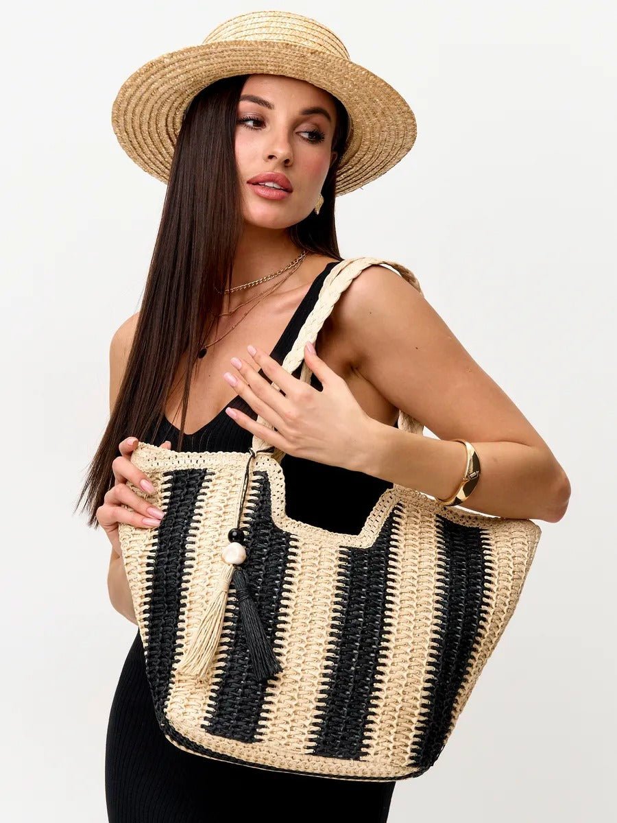 Sac de plage cabas en raphia, tote bag rayé, tressé à la main, anse souple, grand format, fermeture zippée, modèle Zoé - Sac de plage - Noir