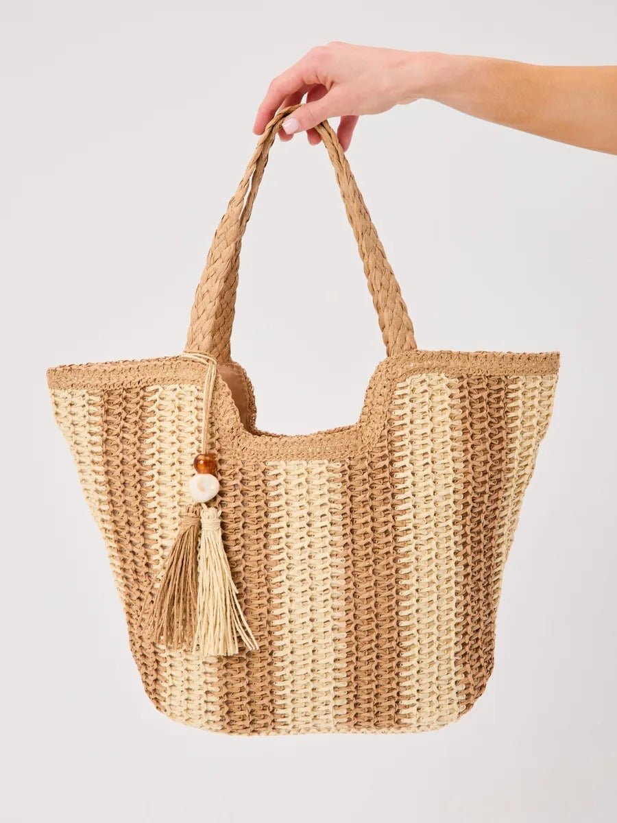 Sac de plage cabas en raphia, tote bag rayé, tressé à la main, anse souple, grand format, fermeture zippée, modèle Zoé - Sac de plage - Beige