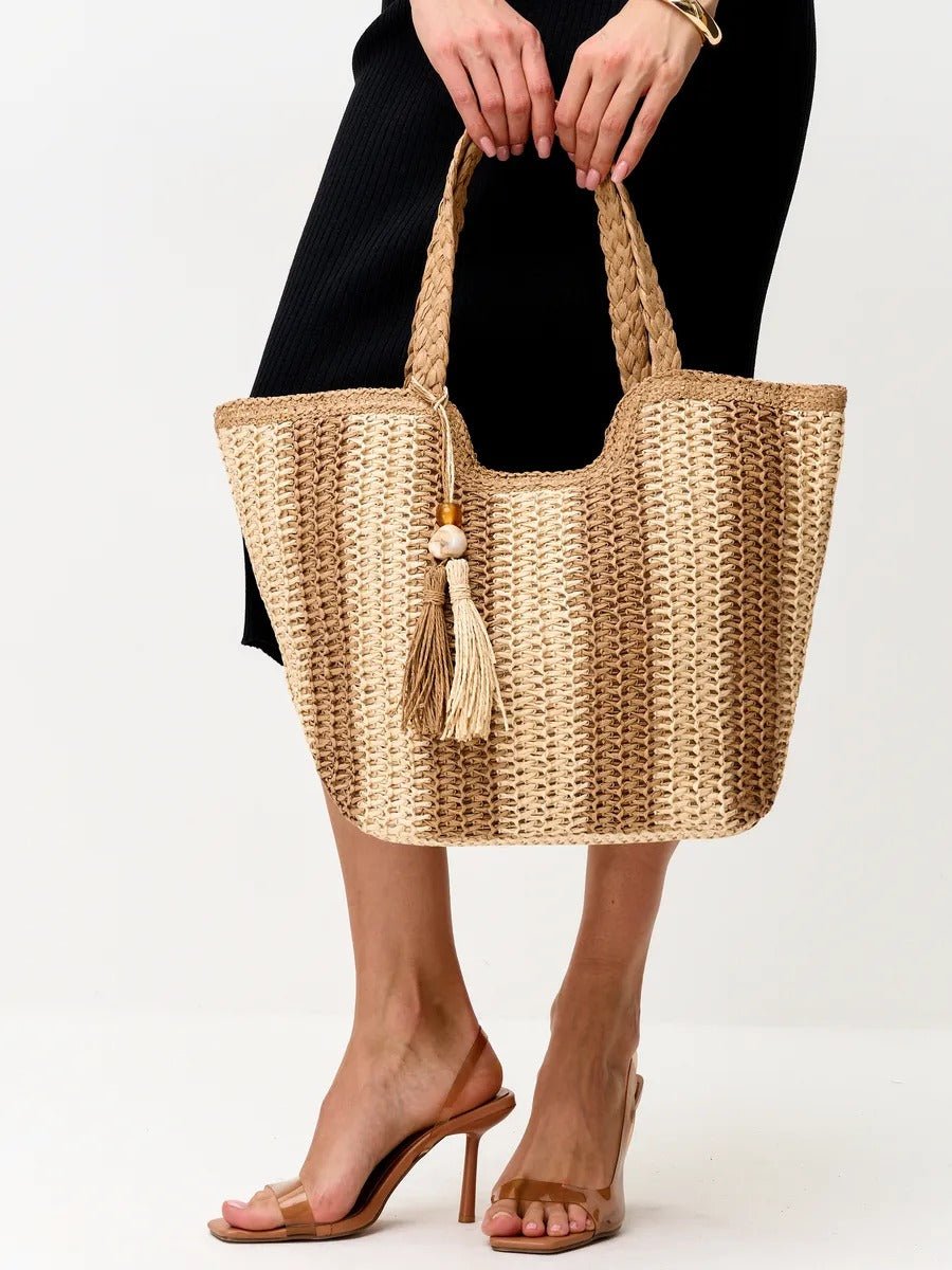 Sac de plage cabas en raphia, tote bag rayé, tressé à la main, anse souple, grand format, fermeture zippée, modèle Zoé - Sac de plage - Beige