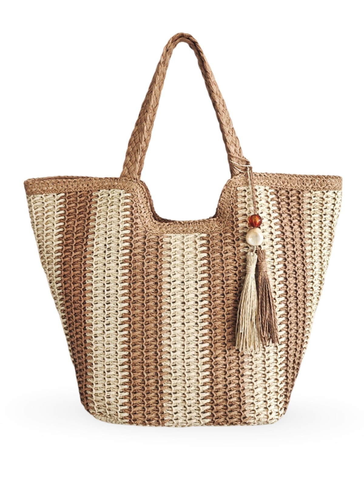 Sac de plage cabas en raphia, tote bag rayé, tressé à la main, anse souple, grand format, fermeture zippée, modèle Zoé - Sac de plage - Beige