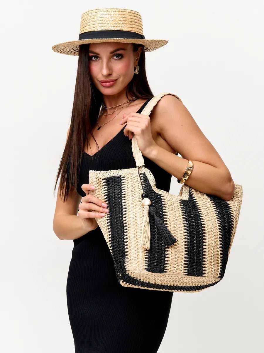 Sac de plage cabas en raphia, tote bag rayé, tressé à la main, anse souple, grand format, fermeture zippée, modèle Zoé - Sac de plage - Noir