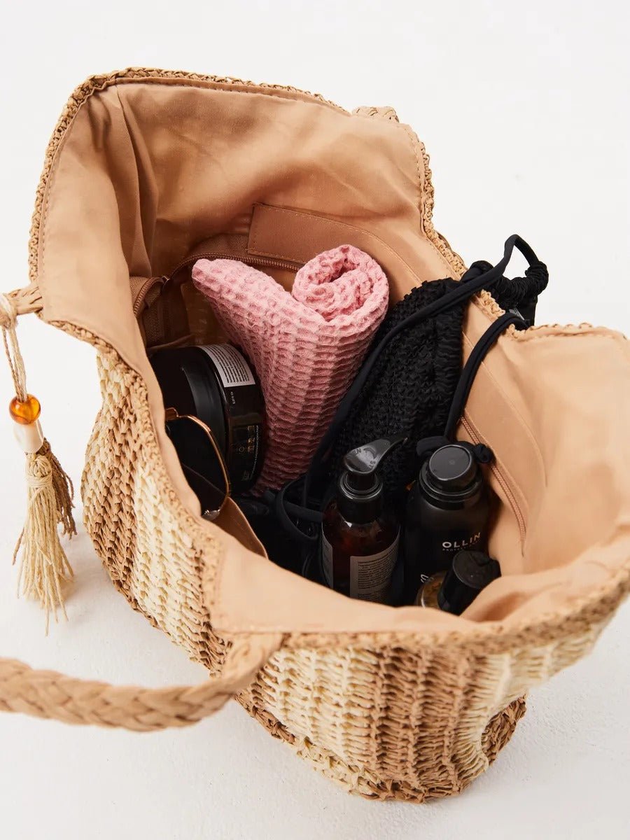 Sac de plage cabas en raphia, tote bag rayé, tressé à la main, anse souple, grand format, fermeture zippée, modèle Zoé - Sac de plage - Beige