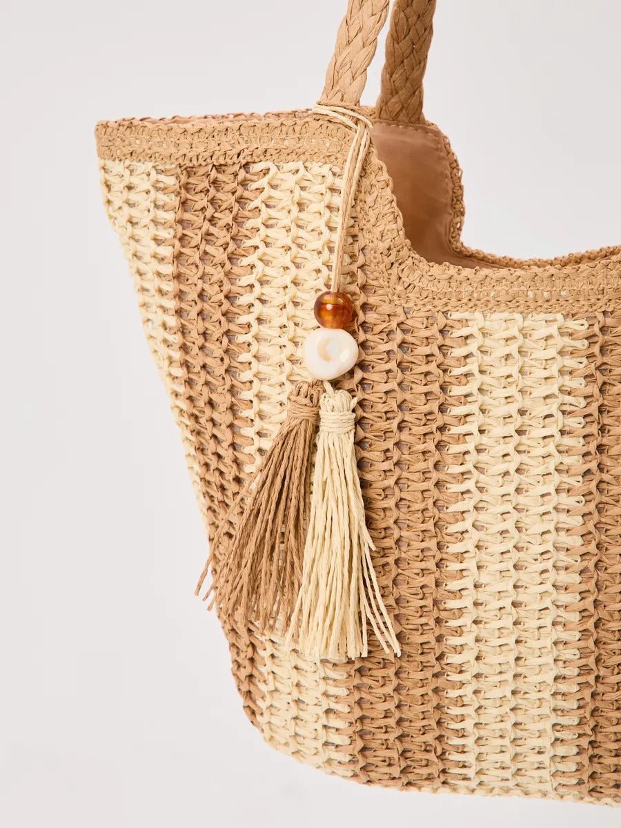 Sac de plage cabas en raphia, tote bag rayé, tressé à la main, anse souple, grand format, fermeture zippée, modèle Zoé - Sac de plage - Beige