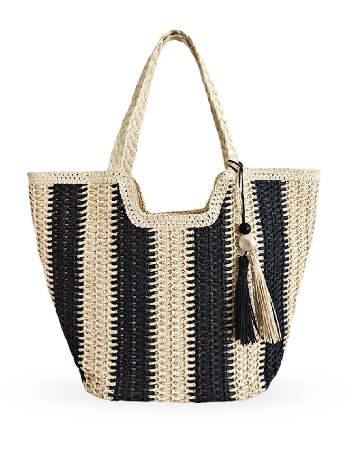 Sac de plage cabas en raphia, tote bag rayé, tressé à la main, anse souple, grand format, fermeture zippée, modèle Zoé - Sac de plage - Noir