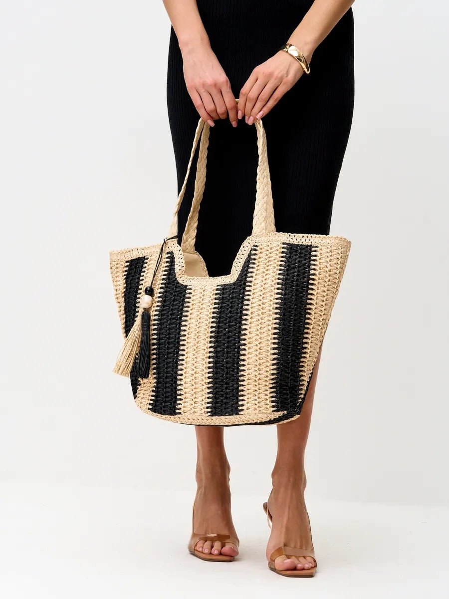 Sac de plage cabas en raphia, tote bag rayé, tressé à la main, anse souple, grand format, fermeture zippée, modèle Zoé - Sac de plage - Noir