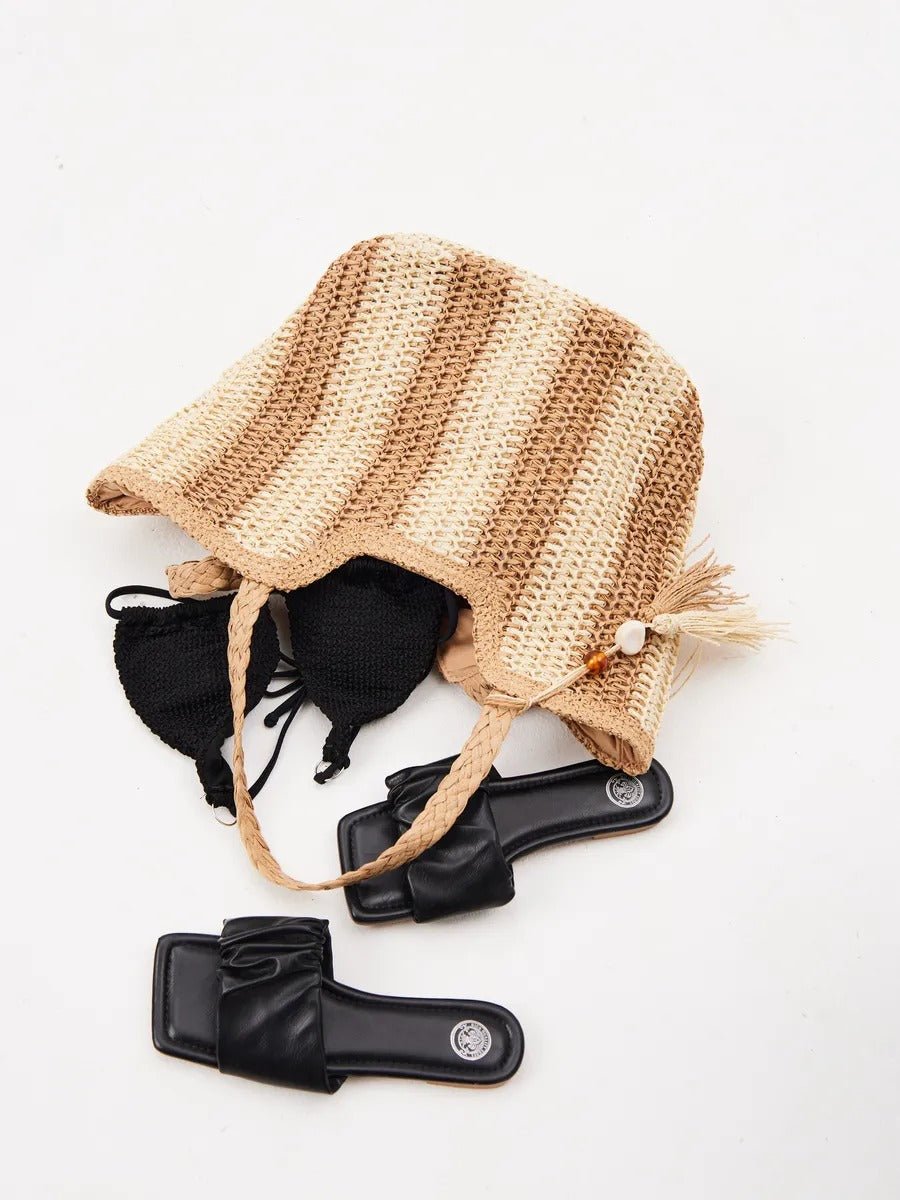 Sac de plage cabas en raphia, tote bag rayé, tressé à la main, anse souple, grand format, fermeture zippée, modèle Zoé - Sac de plage - Beige